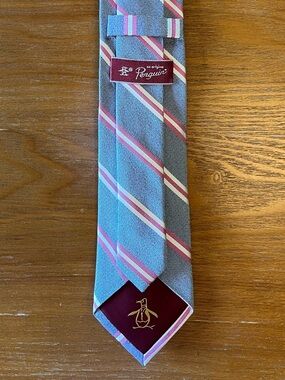 Original Penguin Silk Tie Gray Pink Striped Textured Slim Preppy Necktie